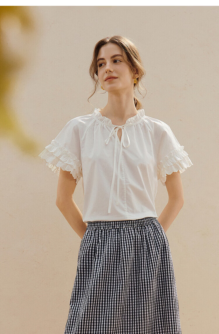INMAN 100% Xinjiang Cotton Lace-up Ruffle Short Sleeve Shirt 2026 Summer New Loose Women's Top 12